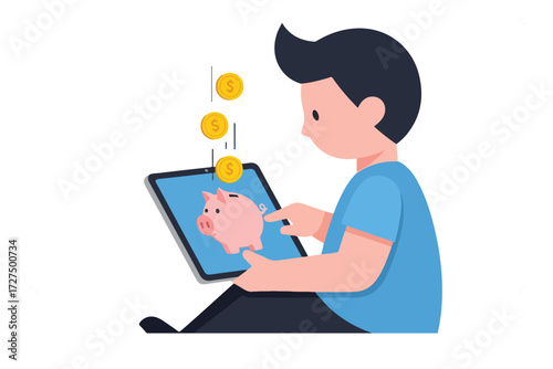 A young person interacts with a tablet displaying a piggy bank, with coins falling into it, symbolizing digital savings.
