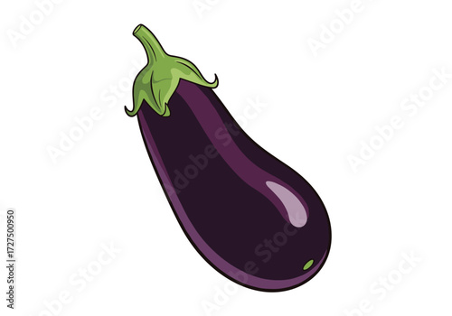 A ripe purple eggplant with a green stem and leaves.