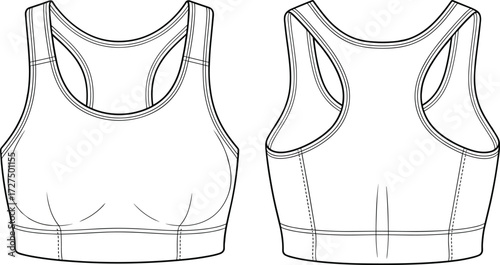 Technical fashion sketch, racerback sports bra, scoop neckline, contour seams, elastic hem, front and back view, vector illustration, activewear design