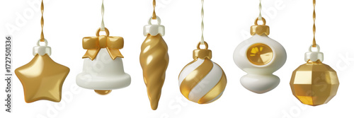 Gold Christmas ornaments and baubles 3d vector collection. New Year tree and winter holiday decorative elements set isolated on white background. 