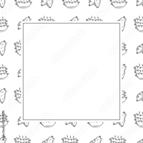 sausage frame. doodle grill sausage square frame. hand drawn sausage frame background. grill sausage background