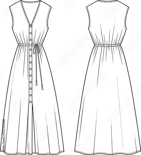 Technical fashion sketch, sleeveless button-down dress, V-neckline, drawstring waist, flared skirt, front and back view, vector illustration, garment construction