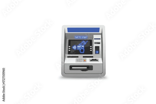 Isolated illustration of an ATM machine with a blue screen displaying instructions and a card slot.