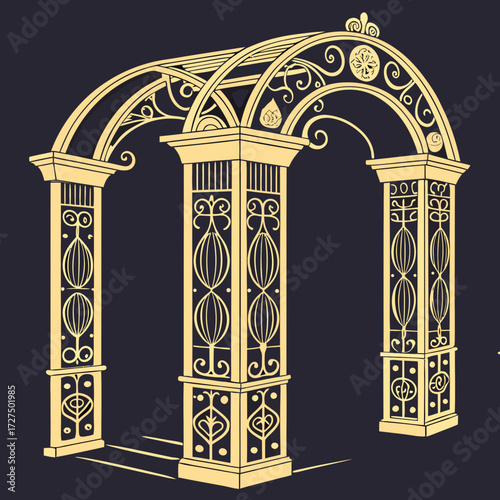 An ornate golden archway with decorative columns and intricate scrollwork, evoking a sense of classical grandeur and vintage design