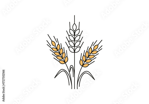 Illustration of three ripe wheat stalks with grains and leaves.