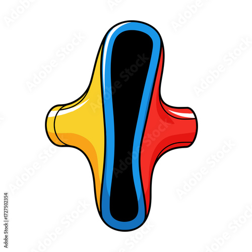 Vibrant cartoon illustration of a stylized feminine hygiene pad with colorful wings.