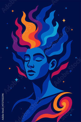 Surreal Woman Portrait With Flowing Night Sky Hair In Deep Blues And Warm Accents Minimal Shapes And Calm Expression For Dreamy Celestial Art Poster