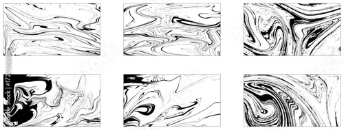 Set of abstract backgrounds. Ink marbling textures. Black and white. Hand drawn marble illustrations, ebru aqua paper and silk prints. Traditional Turkish ebru technique. Painting on white background.