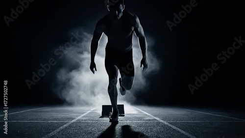 Sprinter explodes from starting blocks in slow motion silhouette