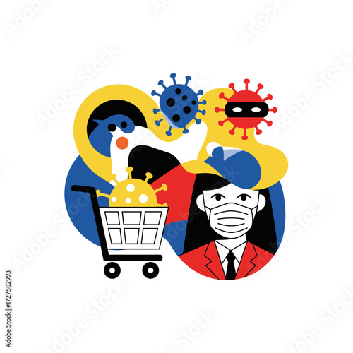 Vibrant graphic illustration of masked person shopping cart and stylized virus icons.