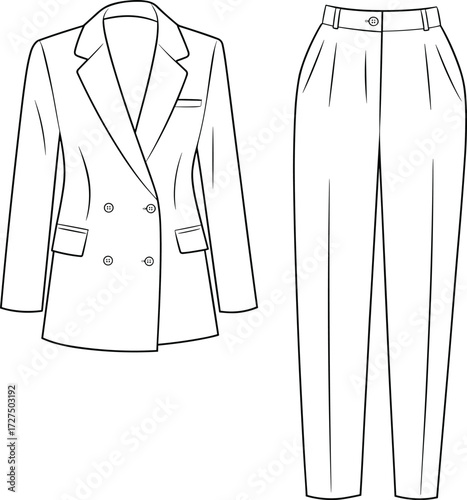 Elegant formal women’s blazer and pants cad drawing, fashion flat sketch, tailored suit vector, professional outfit illustration, technical design