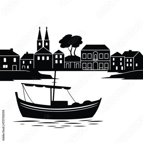 Vector illustration of old town city with a sailing ship on the sea