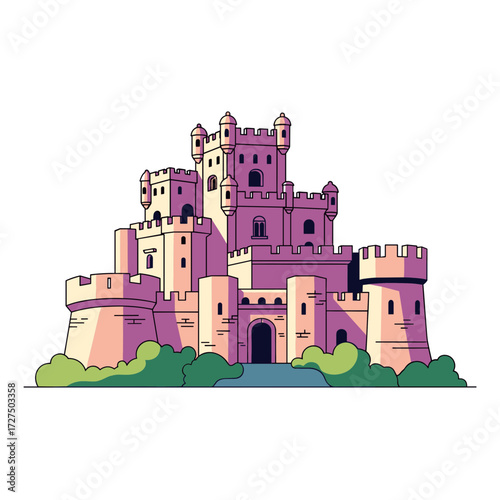 Stylized purple and pink medieval castle illustration with multiple towers and crenellations.