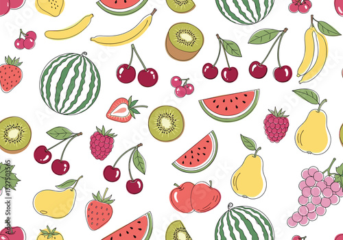A vibrant seamless pattern featuring a delightful assortment of fresh summer fruits.