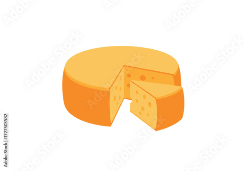 Delicious yellow cheese wheel with a cut slice.