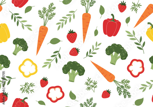 A vibrant seamless pattern of fresh vegetables and strawberries.