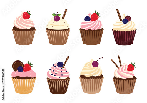 Eight delicious pixel art cupcakes with various toppings.