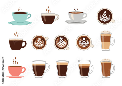 A collection of various coffee drinks in different cups and styles.