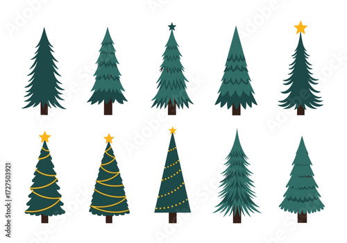 A collection of various festive evergreen trees with festive decorations.
