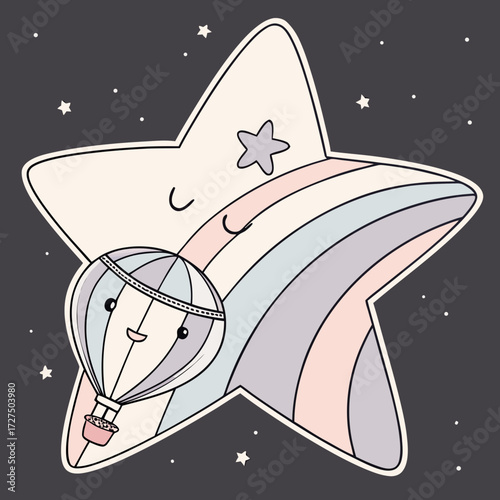 A cute cartoon hot air balloon floats happily in front of a pastel rainbow and a smiling star against a dark night sky filled with twinkling stars