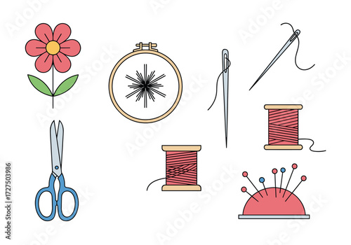 Collection of sewing and embroidery tools for crafting projects.