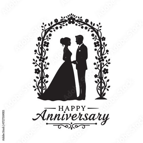 Obraz na plátně Silhouette of bride and groom under arch with anniversary text