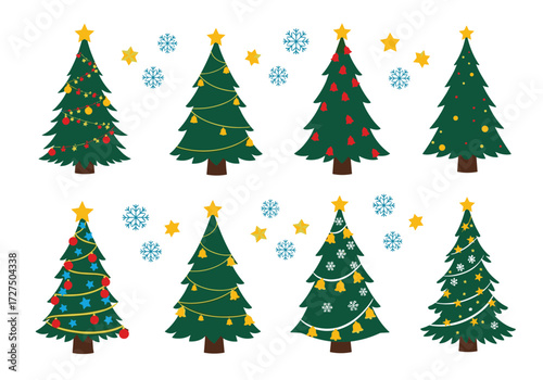 A collection of festive decorated evergreen trees for holiday celebrations.