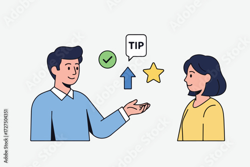 A man gestures towards a woman with a speech bubble containing the word "TIP" and symbols representing success, improvement, and excellence.