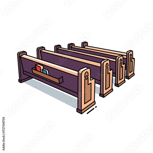 Isometric cartoon church pews dark purple and light brown with books on the first pew religious seating illustration.