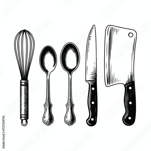 Shiny metal kitchen knives set and silver cutlery tools isolated on a white background