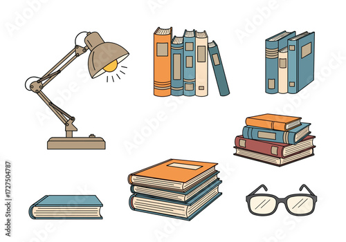 Desk lamp illuminating a collection of books and glasses.