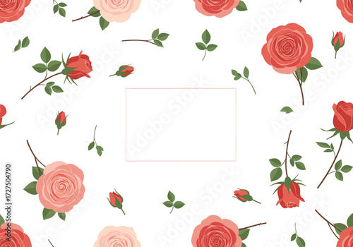 A charming background pattern featuring delicate roses and scattered green leaves.