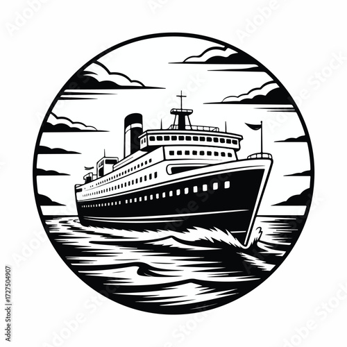 Black and white vector illustration of a cruise ship or passenger vessel for sea travel and ocean vacation icon design