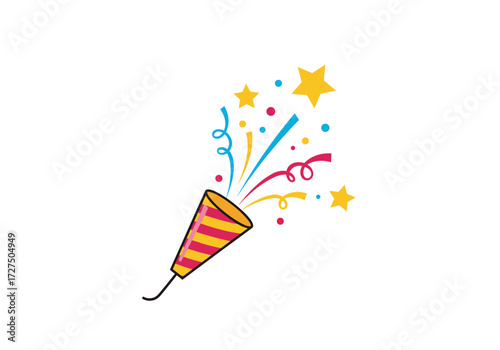 Celebration popper exploding with colorful confetti and stars.