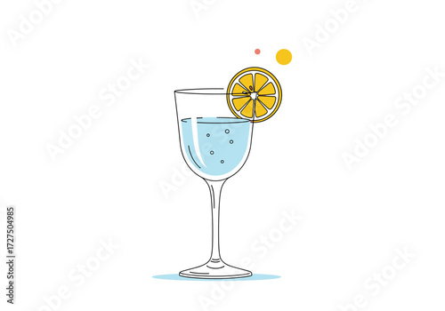 Refreshing clear beverage with lemon slice and bubbles.