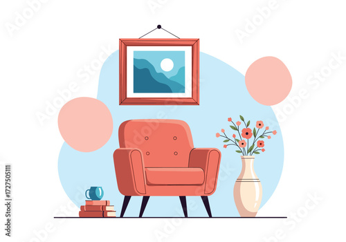A cozy armchair sits in a well-decorated room with artwork and flowers.