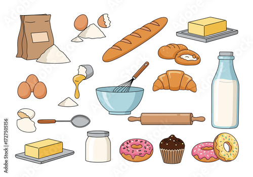 Baking ingredients and tools for homemade bread and pastries.