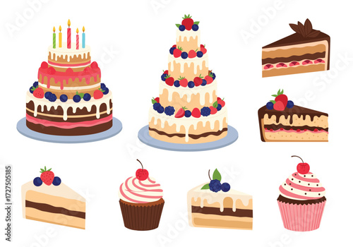 A collection of sweet baked goods and celebratory cakes.