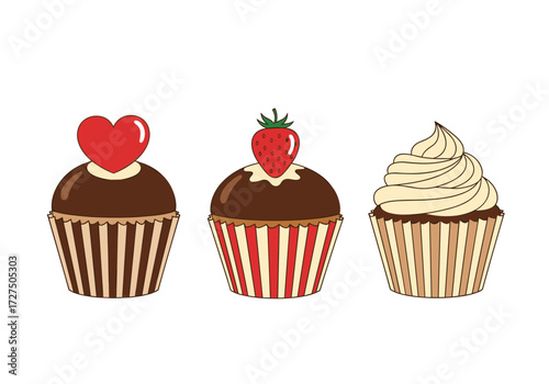 Three delicious cupcakes with chocolate frosting and toppings.