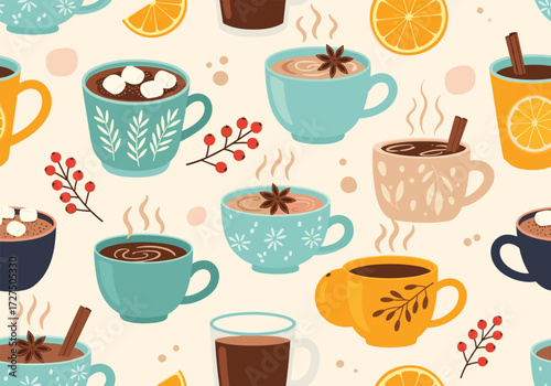 Cozy cups of hot chocolate with cinnamon and orange slices.