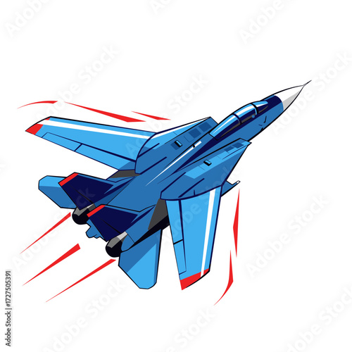 Sleek Blue Fighter Jet in Dynamic Aerial Maneuver with Red Accents.