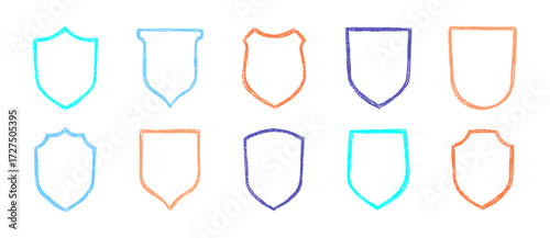 Hand drawn crayon grainy shield badges  label set. Abstract grunge texture shapes. Vector  EPS 10
