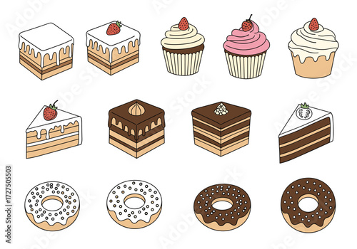 A variety of delicious cakes cupcakes and donuts.