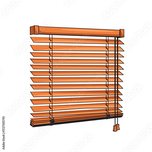 Orange wooden Venetian blinds illustration with visible slats and pull cords.
