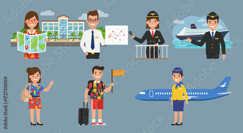Collection of vector illustrations depicting travel and tourism professionals and tourists