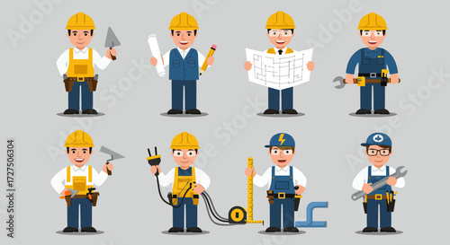 Eight cartoon construction workers with tools against a gray background
