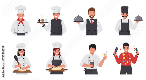 Eight cartoon figures representing culinary and service professions in uniform