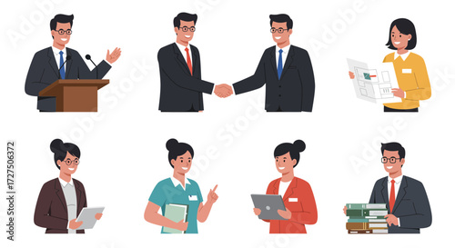 Eight diverse business professionals illustrated in separate vignettes on a white background