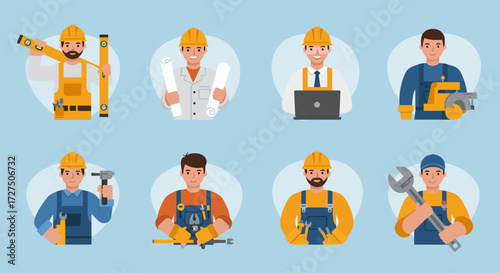 Eight illustrated male construction workers and engineers in uniform