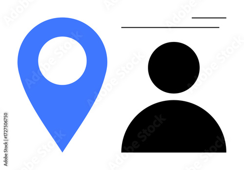 Blue location pin and black user silhouette with minimalist lines representing GPS, navigation, user location, and personal identity. Ideal for mapping, geotagging, user profiles, analytics, apps